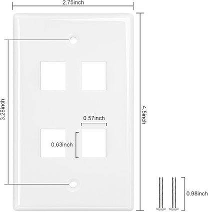 FGB 4-Port Keystone Wall Plate 20-Pack, Low-Profile Single Gang Wall Plates for RJ45, HDMI, and Coax Keystone Inserts, White