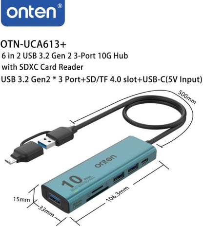 USB C USB A HUB, USB 3.2 GEN 2 10G Speed, USB A/USB C to USB A Adapter.with 3 USB A Ports(10G) and UHS-II SD/TF Ports, USB C UHS-II SD Card Reader Compatible with SD/SDHC/SDXC/Micro SD