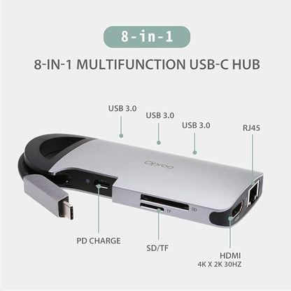 Opro9 8-in-1 USB-C Hub with 3 USB 3.0 Ports, Dual Monitor Laptop Docking Station, 4K HDMI, USB-C Power Delivery, SD/TF Card Reader & Ethernet, Portable for MacBook Pro and Other Type-C Laptops (Gray)