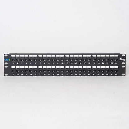 ICC CAT6 Feed-Through Patch Panel, 48 Port, 2U Rackmount, RJ45 Ethernet Patch Panel, No Punch Down, PoE++ and TAA Compliant, Black