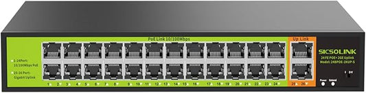 24 Port PoE+ Switch 2 Gigabit Uplink 400W Rack Mount Unmanaged IEEE 802.3af/at Extend 250M for IP Cameras AP VoIP Phones 6KV Lightning Protection