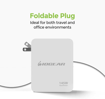 IOGEAR GearPower 145W Multiport Charger, GaN, 4 Port, USB-C Cable, iPhone 16, MacBook Pro/Air, iPad Pro, Google Pixel, Travel Wall Charger, Cable Included, GPAWC145W