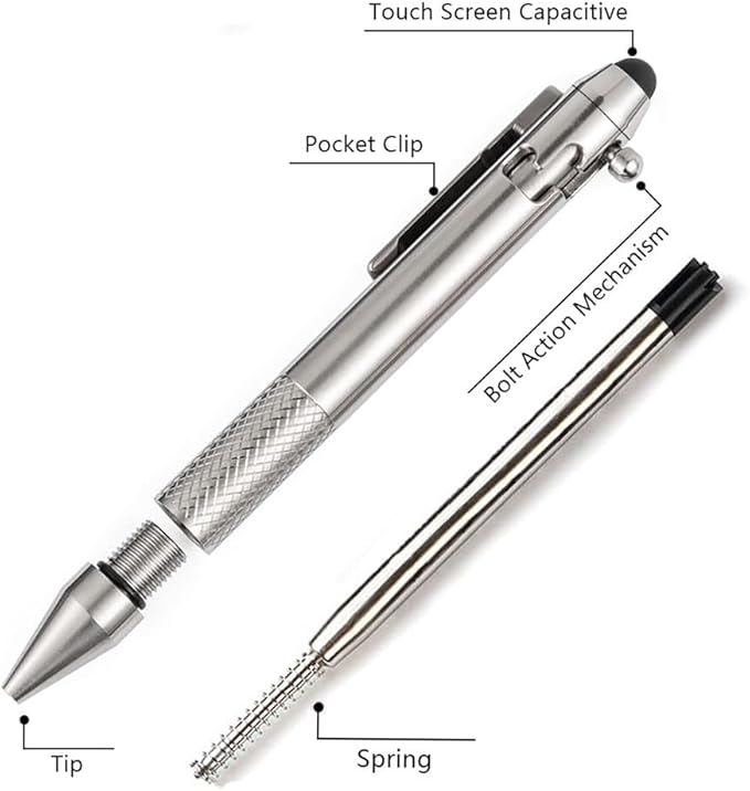 Cool Hand 4.9'' Titanium Bolt Action Pen Stylus for Touch Screen, Ballpoint Ink Refillable, Compact Size, Skelton Out Deep Pocket Clip for Easy Carring