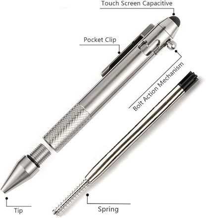 Cool Hand 4.9'' Titanium Bolt Action Pen Stylus for Touch Screen, Ballpoint Ink Refillable, Compact Size, Skelton Out Deep Pocket Clip for Easy Carring