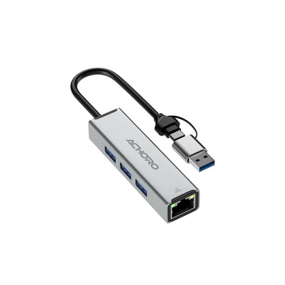 ACHORO Multi-Function USB to Ethernet Adapter with LAN – Built-in USB A & USB C, Extra 3 USB Connections with RJ45, Aluminum Alloy, for PC & Mac (LAN & USB Ports)