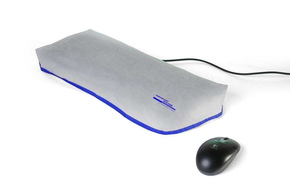 COMPUTER DUST SOLUTIONS Keyboard Dust Cover, Covers Standard Size PC Keyboards, Silky Smooth Antistatic Vinyl, Translucent Coconut Cream Color with Blue Trim, Larger, (18W x2H x7D)
