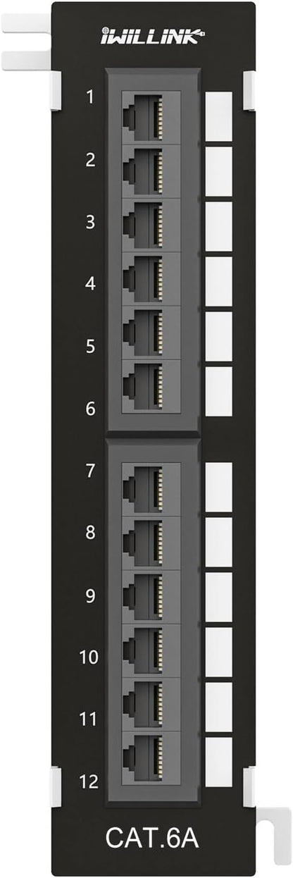 iwillink 12 Port 10Gbps Cat6A Network Patch Panel with Wall & Bracket Mount for Cat 6A/6/5e/5 Cabling