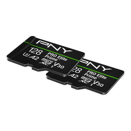 PNY 128GB PRO Elite Prime™ C10 U3 V30 A2 microSDXC Flash Memory Card – Ultra-Fast Speeds, Read 200MB/s, Write 150MB/s, 4K UHD, Full HD, UHS-I, for Smartphones, Drones, Action Cameras, 2-Pack
