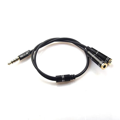 REXUS Black 3.5mm Y Splitter Stereo Audio Cable 4-Pole Male to 2 Female for Headphone, Headset Splitter Adapter Extension Aux Cable, Compatible MobilePhone and New Version Laptop(M22F35H)