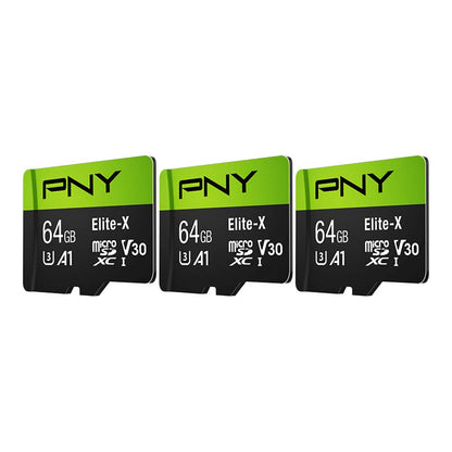 PNY 64GB Elite-X Class 10 U3 V30 A1 microSDXC Flash Memory Card 3-Pack