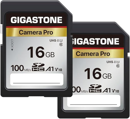 【5-Years Data Recovery】 GIGASTONE 16GB SD Card 2-Pack, Camera Pro, UHS-I A1 V10 SDHC Memory Card Speed up to 100MB/s Compatible with SPYPOINT TACTACAM Trail Camera, with 2 Mini Cases.