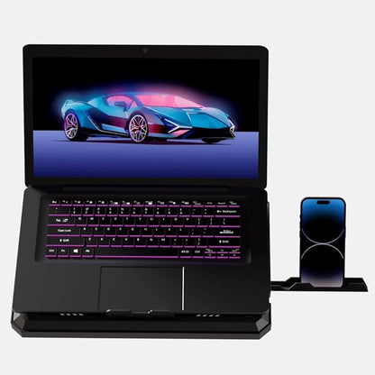 Gaming Crystal Shell Laptop Cooling Pad with Phone Holder, Dual High-Speed Fans, 8-Level Adjustable Height, RGB Lighting, Anti-Slip Base, USB-A & USB-C Ports – Black (for 10-17” Laptops)