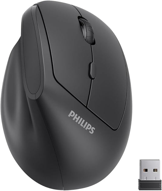 PHILIPS SPK7628 Ergonomic Mouse - Vertical Mouse with 800/1200/1600 Adjustable DPI, 6 Silent Buttons Design for S/M Hands, Auto Power Saving, Light Weight, 2.4GHz Wireless Mouse for Laptop, Desktop,PC