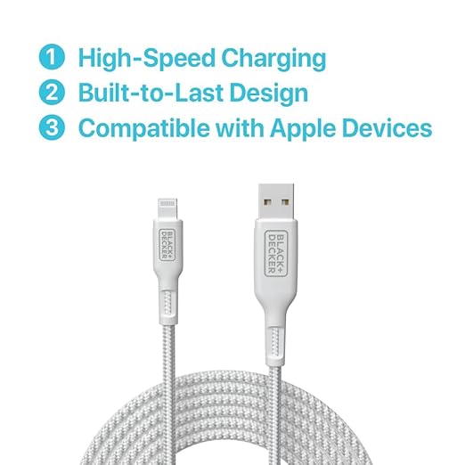 BLACK+DECKER Lightning to USB Cable - Fast Compatible iPhone Lightning Cable - Durable Braided iPhone Charger Cord - for Travel and Daily Use - Multiple Color + Length Options - 9ft