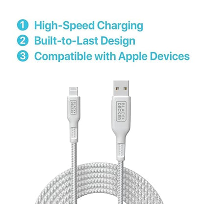 BLACK+DECKER Lightning to USB Cable - Fast Compatible iPhone Lightning Cable - Durable Braided iPhone Charger Cord - for Travel and Daily Use - Multiple Color + Length Options - 9ft