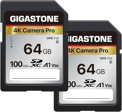 [5-Yrs Free Data Recovery] GIGASTONE 64GB SD Card 2-Pack, 4K Camera Pro, A1 V30 SDXC Memory Card 4K UHD Video Compatible with Canon Digital Camera, with 2 Mini Cases
