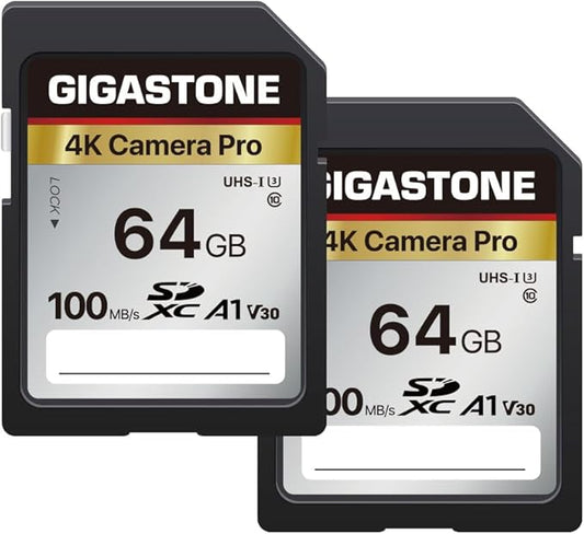 【5-Years Data Recovery】 GIGASTONE 64GB SD Card 2-Pack, 4K Camera Pro, Speed Up to 100MB/s, UHS-I A1 V30 SDXC Memory Card 4K UHD Video Compatible with Digital Camera, with 2 Mini Cases