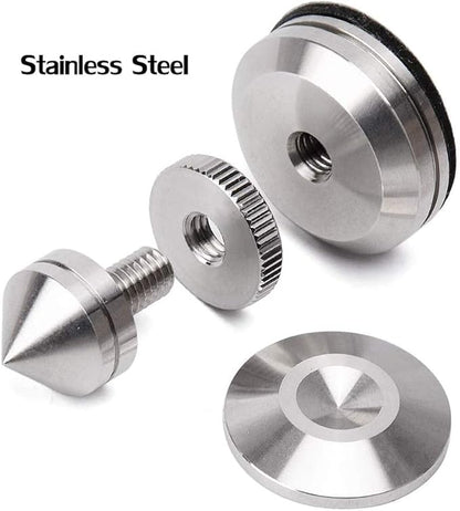 4 Sets Speaker Isolation Stand Feet, Stainless Steel Speaker Base Pads, Shockproof 28-32mm Adjustable Speaker Vibration Absorber Spike Cone Mats for Amplifier Turntable DAC Recorder CD (27x29x5MM)