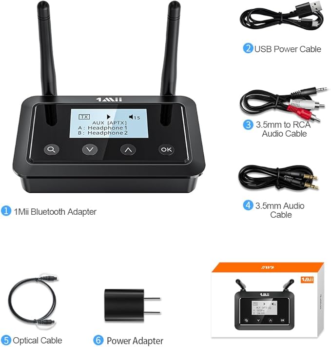 1Mii B03+ Bluetooth Transmitter Receiver for TV Home Stereo, Long Range Bluetooth 5.3 Adapter for TV Audio with Screen, aptX Low Latency & HD & AD, Optical RCA AUX 3.5mm Inputs/Outputs