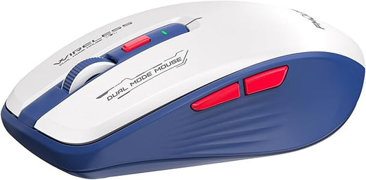 FMOUSE Wireless Mouse, Bluetooth & 2.4GHz Dual Mode, No Charging Needed (AA Battery), Silent Click, Side Shortcut Keys, 4-Level DPI, Compact for MacBook Laptop iPad PC – Blue & White