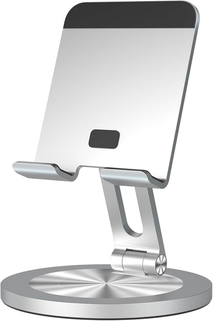 360 Rotating Phone Stand for Desk, Dual-Adjustable Foldable Aluminum Desktop Phone Holder Compatible with iPhone 16 15 14 13 12 11 Series, iPad-Mini, 4-8" All Phones (Silver)