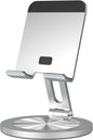 360 Rotating Phone Stand for Desk, Dual-Adjustable Foldable Aluminum Desktop Phone Holder Compatible with iPhone 16 15 14 13 12 11 Series, iPad-Mini, 4-8" All Phones (Silver)