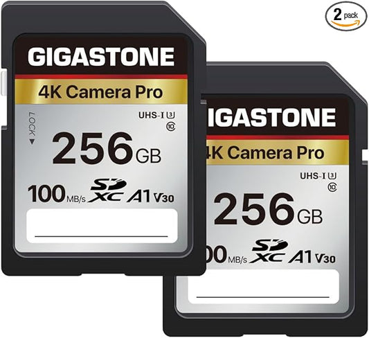 【5-Years Data Recovery】 GIGASTONE 256GB SD Card 2-Pack, 4K Camera Pro, UHS-I A1 V30 SDXC Memory Card 4K UHD Video Speed up to 100MB/s Compatible with Digital Camera, with 2 Mini Cases