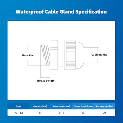 Cable Gland 20 Pack Plastic Waterproof Adjustable Connector 6-12mm PG13.5 Strain Relief Cord Connectors Joints Nylon with Gaskets