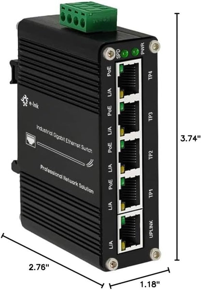 Mini Industrial 5 Ports Gigabit PoE Switch Hardened 5 Port RJ45 10/100/1000Mbps 802.3at Ethernet Switch Din Rail Mount PoE+ Switch (-40 to 167 ºF) 10Gbps Switching Capacity