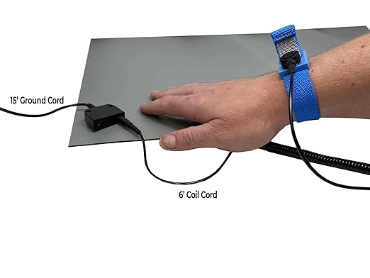 RubberStat Dual Layer ESD Compliant Workstation Rubber Table Mat Kit, Soldering, Cell Phone Repair, with Wrist Strap Set and Ground Cord - 36"x36" Grey