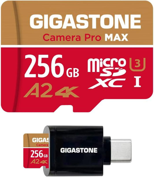 【5-Years Data Recovery】 GIGASTONE 256GB Micro SD Card with USB 3.2 Type C Card Reader, 4K Camera Pro MAX, Speed Up to 170MB/s Compatible with Gopro, DJI, Dash Cam, MicroSDXC UHS-I A2 V30 U3
