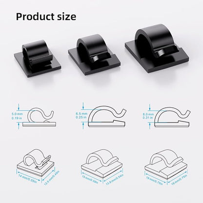 100 PCS Adhesive Cable Clips Cord Organizer (Small, Medium,Large),Wire Holder for Cable Management, Outdoor Light Clips Light Hooks for LED String,Car Dash Cam, Extension Cord (Black)