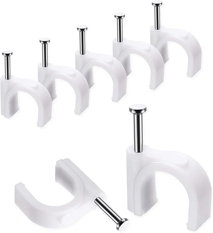 Cable Clips, 100 Pcs, 10mm, Wire Wall Clips with Steel Nails, Cable Management Organizer Clips, Cable Tacks Coax Holder Clips, RG6 RG59 CAT6 RJ45 Cable Cord Clips, White