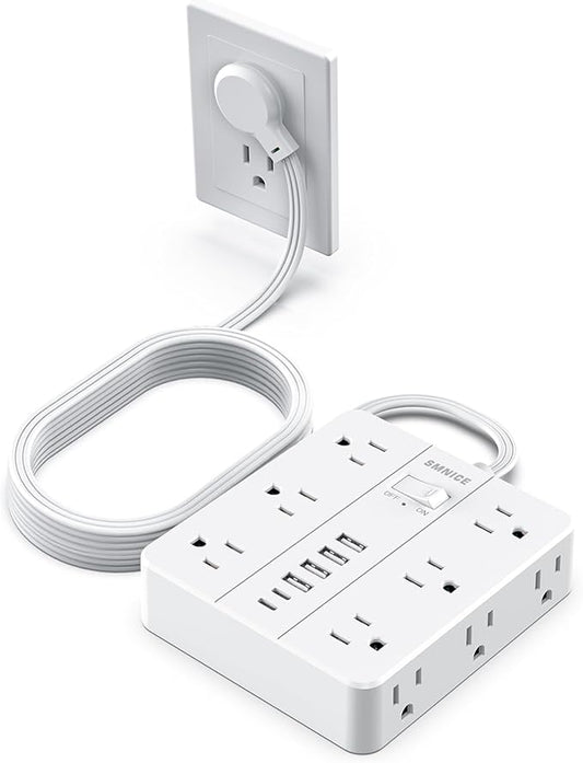 Power Strip 10ft Extension Cord,SMNICE Flat Plug with 12 Outlets 6 USB(2 USB C),Power Strip Charging Station with Overload Protection for Home, Dorm,Office