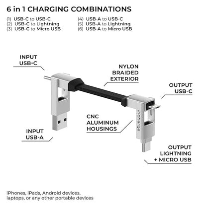 Rolling Square inCharge 6 - Keychain USB C Charger Cable, Lightning Cable and Micro-USB for Smartphone, Universal Cable Charger 6 in 1, USB Plug, 15W, White