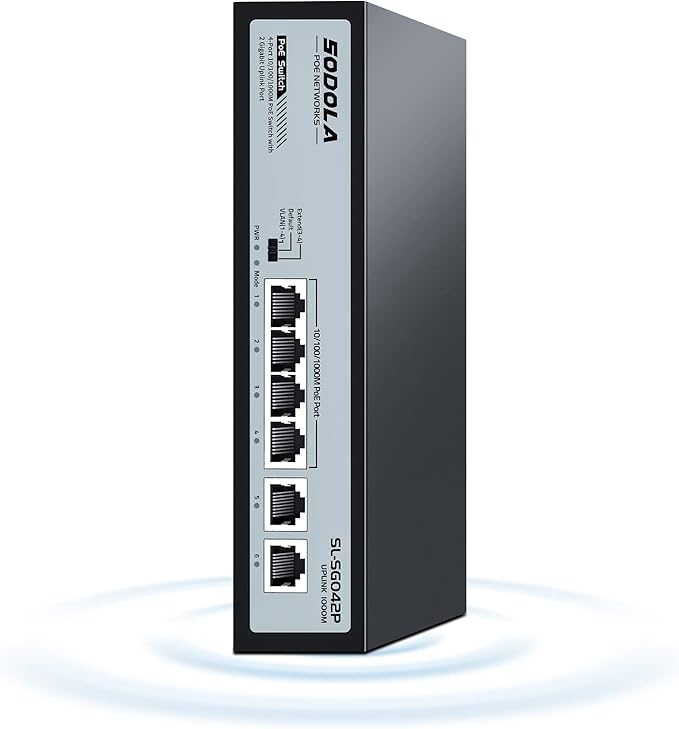 SODOLA 4 Port Gigabit PoE Switch with 2 Uplinks, AI Watchdog/Extend/Port Isolation, 802.3af/at,Plug & Play Unmanaged Network Switch