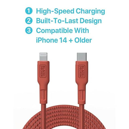 BLACK+DECKER USB C to Lightning Cable - Fast Compatible iPhone Lightning Cable - Durable Braided Type C iPhone Charger Cord - for Travel and Daily Use - Multiple Colors and Lengths - 6ft