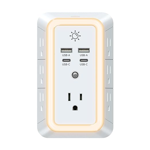 Multi Plug Outlet, USB Wall Charger, Surge Protector, 7 Outlet Extender with 4 USB Charging Ports (2 USB C) 1680J Power Strips Outlets with Night Light, Wall Plug Adapter Spaced for Home Travel Office