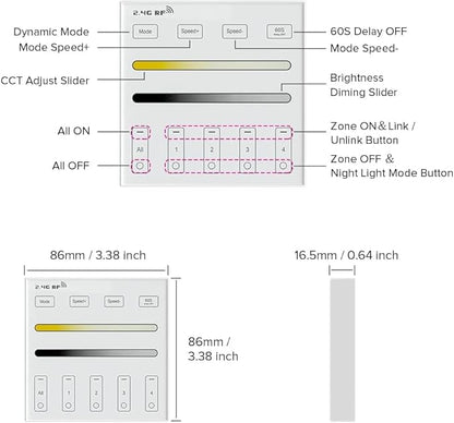 BTF-LIGHTING WR02RF Wireless 2.4G RF 4 Zones CCT Color Temperature LED Strip Wall Mounted Smart Panel Remote Powered by 2XAAA Batteries 3V Work with WB5 LM052 LM053 C02RF C02W C01RF C01W Controller
