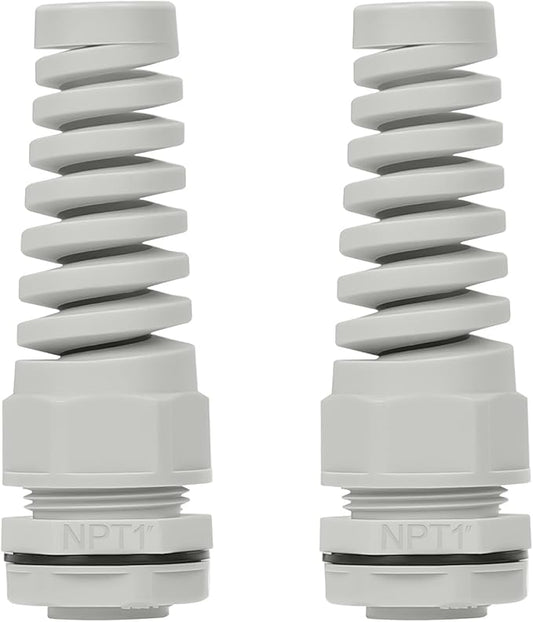 LeMotech 2Pcs NPT 1" IP68 Waterproof Cable Gland Flex Spiral Strain Relief Grey Nylon Joint with Gaskets for 18-25mm Wire Thread