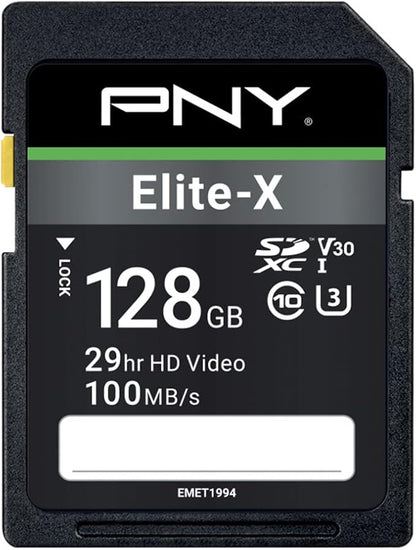 PNY 128GB Elite-X Class 10 U3 V30 SDXC Flash Memory Card - 100MB/s, Class 10, U3, V30, 4K UHD, Full HD, UHS-I, Full Size SD (Pack of 1)