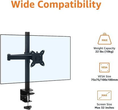 Amazon Basics Adjustable Single Monitor Arm Desk Mount, Holds up to 32" (38” Ultrawide) and 22 lbs, Adjustable Tension, VESA 75x75/100x100, Black