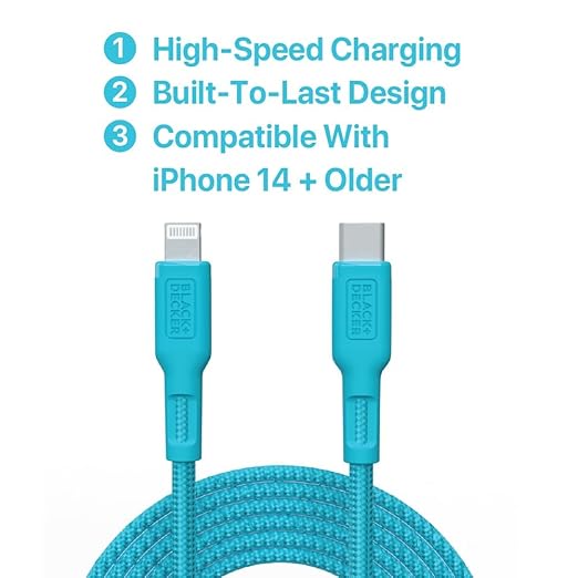 BLACK+DECKER USB C to Lightning Cable - Fast Compatible iPhone Lightning Cable - Durable Braided Type C iPhone Charger Cord - for Travel and Daily Use - Multiple Colors and Lengths - 3ft