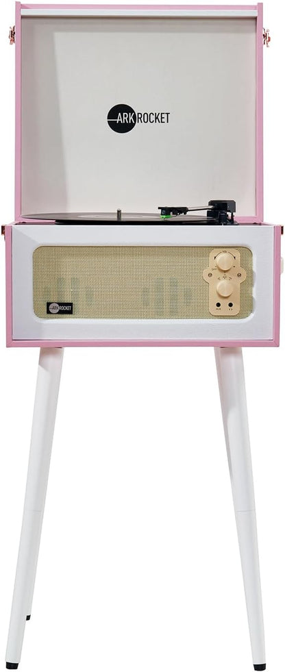 Arkrocket Discovery II 3-Speed Bluetooth Record Player Retro Console Turntable with Built-in Speakers and Removable Legs (Pink/White)