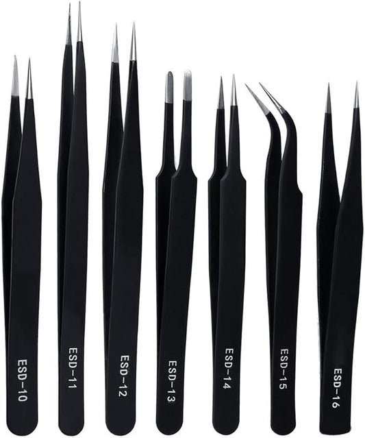 ZHIYE Precision ESD Anti-Static Tweezers, 7 pcs Stainless Steel Tweezers Set for Electronics, Jewelry-making, Laboratory Work, Repairing, Hobbies