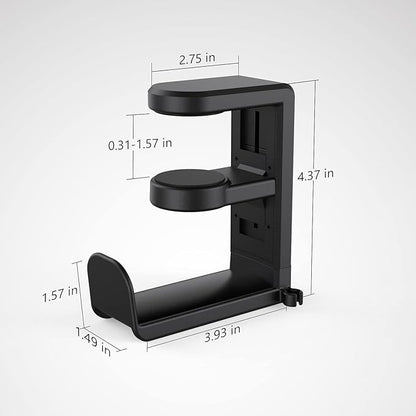 EURPMASK Rotating Headphone Stand - PC Gaming Headset Holder, Adjustable Clamp-on Under Desk Hanger With 360 Degree Swivel & Cable Clip Organizer - Black