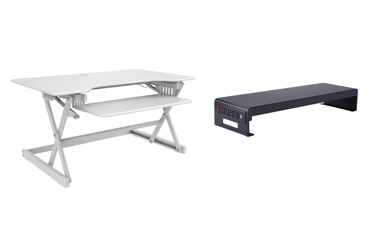 Rocelco 32" Height Adjustable Standing Desk Converter - Sit Stand Computer Workstation Riser - Dual Monitor Retractable Keyboard Tray Gas Spring Assist - Black (R EADRB2)