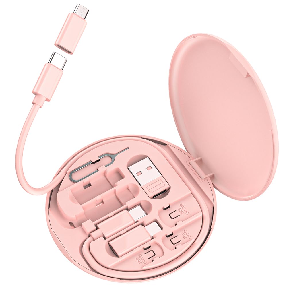 Yesimla Multi USB C Adapter Kit, Charging Cable Case USB C to Type C/Micro/USB A Converter Contains Card Storage,Phone Holder, Tray Eject Pin for Traveling(Pink)