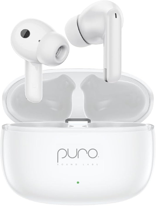 Puro Sound Labs PuroQuiet-Air Active Noise Cancelling Bluetooth Earbuds, Volume-Limited Wireless Earphones for Safe Listening, Soft Touch, Type-C Charging with Built-In Microphone & Secure Fit – White