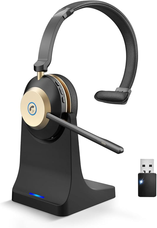 NOTESNEE V5.3 Wireless Headset with Mic for Work, 45Hrs Computer Headset with Microphone, Bluetooth Headphones with Noise Cancelling Mic, Charging Base, USB Dongle & Mute Button for PC, Skype, Zoom